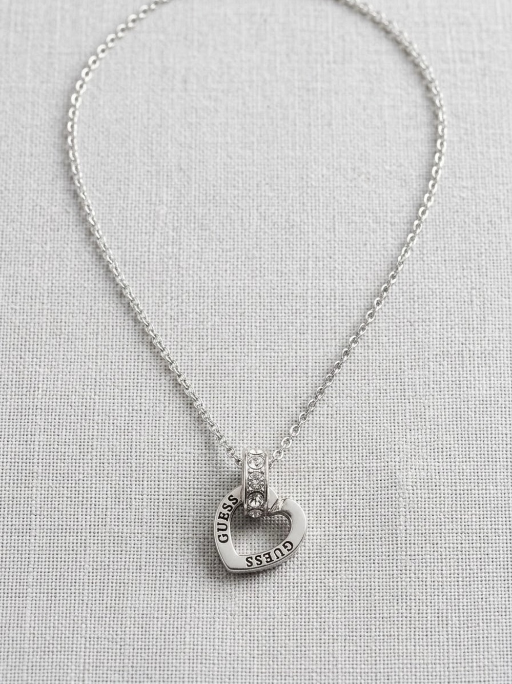 GUESS Silver Heart Charm Necklace with Crystal Accents